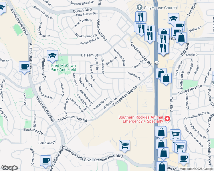 map of restaurants, bars, coffee shops, grocery stores, and more near 5832 Fossil Drive in Colorado Springs