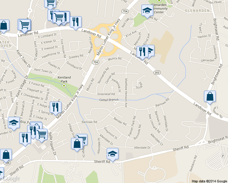 map of restaurants, bars, coffee shops, grocery stores, and more near 2301 Romney Court in Greater Landover