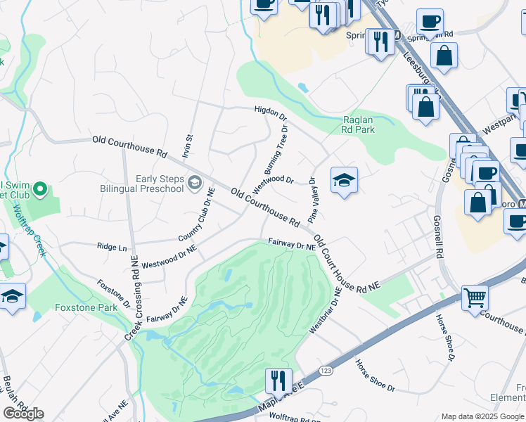 map of restaurants, bars, coffee shops, grocery stores, and more near 500 Old Courthouse Road Northeast in Vienna