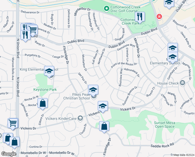 map of restaurants, bars, coffee shops, grocery stores, and more near 6110 Fall River Drive in Colorado Springs