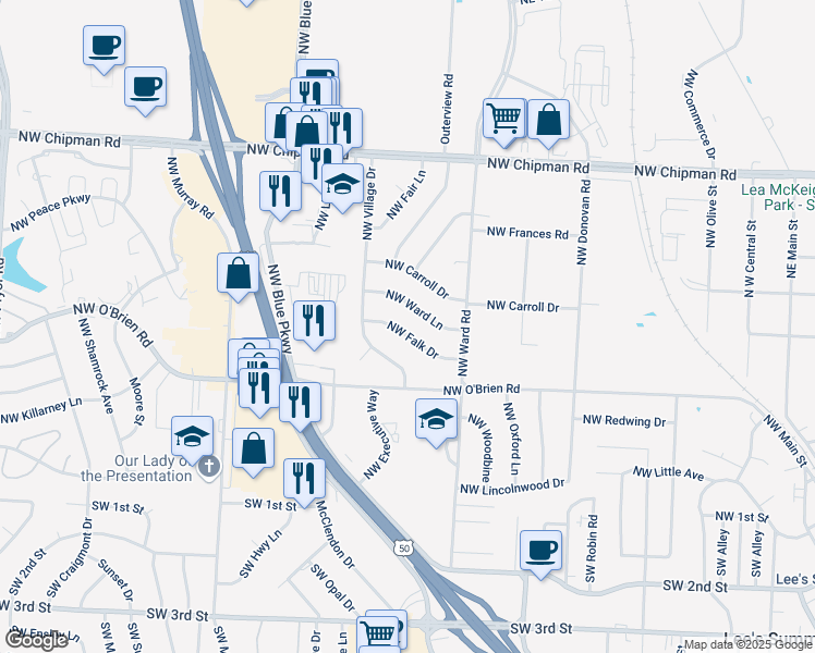 map of restaurants, bars, coffee shops, grocery stores, and more near 602 Northwest Falk Drive in Lee's Summit