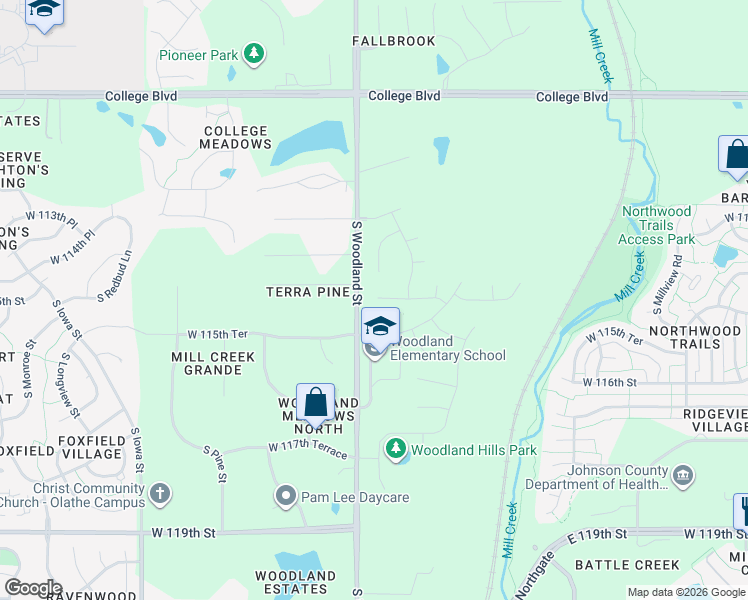 map of restaurants, bars, coffee shops, grocery stores, and more near 11415 South Woodland Street in Olathe
