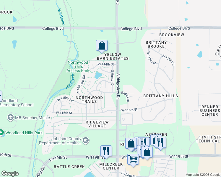map of restaurants, bars, coffee shops, grocery stores, and more near 11470 South Hunter Drive in Olathe