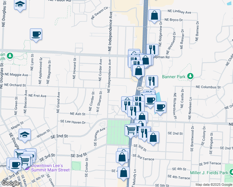 map of restaurants, bars, coffee shops, grocery stores, and more near 309 Northeast Independence Avenue in Lee's Summit