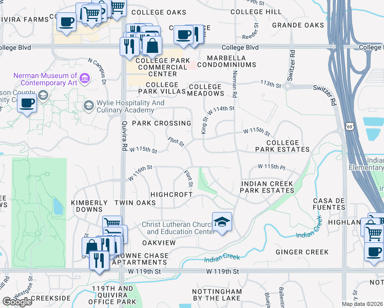 map of restaurants, bars, coffee shops, grocery stores, and more near 11541 Flint Street in Overland Park