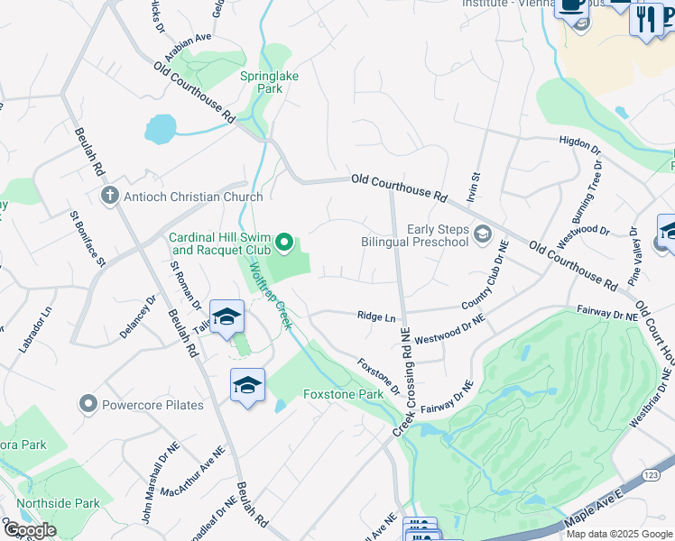 map of restaurants, bars, coffee shops, grocery stores, and more near 9100 Wexford Drive in Vienna