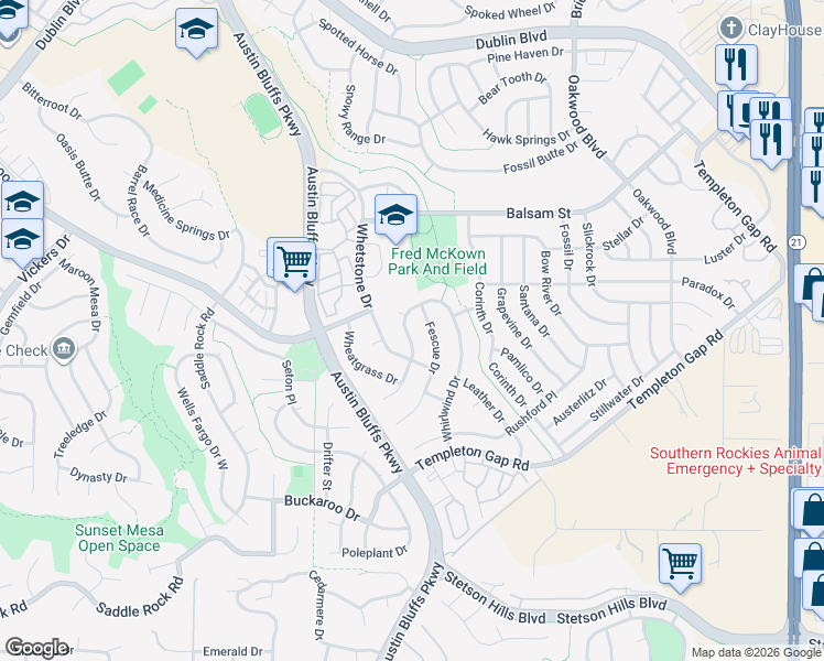 map of restaurants, bars, coffee shops, grocery stores, and more near 6262 Whirlwind Drive in Colorado Springs