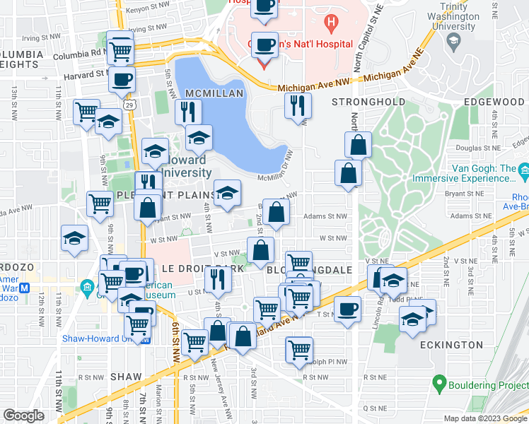 map of restaurants, bars, coffee shops, grocery stores, and more near 169 Adams Street Northwest in Washington