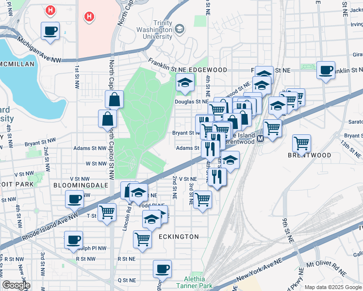 map of restaurants, bars, coffee shops, grocery stores, and more near 212 Adams Street Northeast in Washington