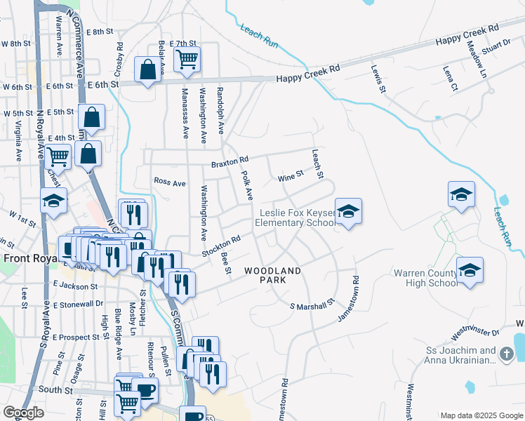 map of restaurants, bars, coffee shops, grocery stores, and more near 801 Rodney Avenue in Front Royal
