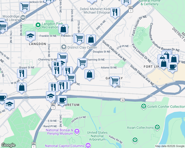 map of restaurants, bars, coffee shops, grocery stores, and more near 2192 Half Moon Place Northeast in Washington