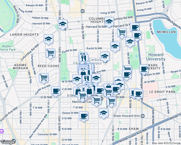 map of restaurants, bars, coffee shops, grocery stores, and more near 1343 Florida Avenue Northwest in Washington