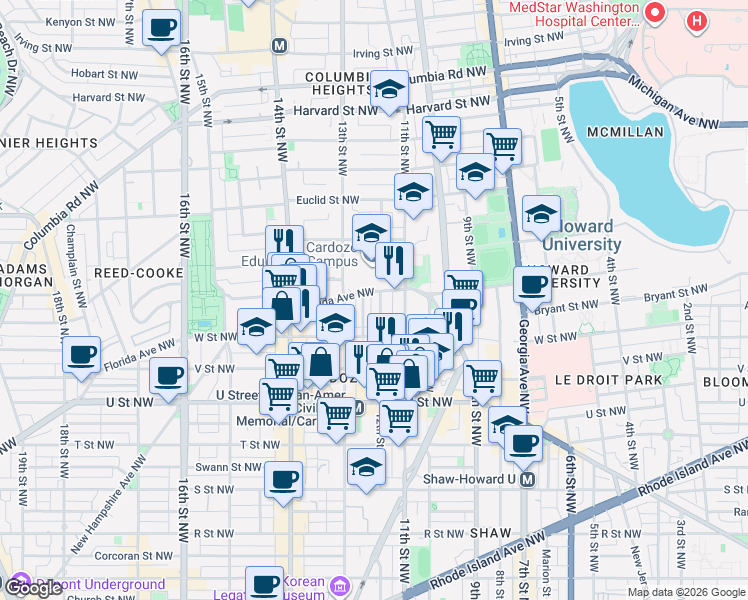 map of restaurants, bars, coffee shops, grocery stores, and more near 101 Independence Avenue Southeast in Washington
