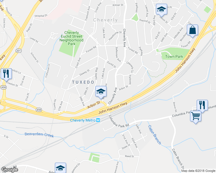 map of restaurants, bars, coffee shops, grocery stores, and more near 2323 Belleview Ave in Cheverly