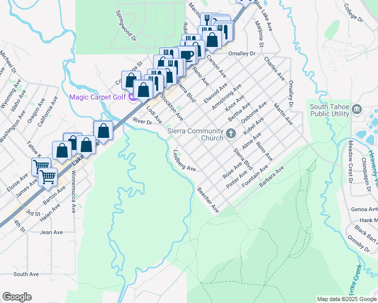 map of restaurants, bars, coffee shops, grocery stores, and more near 2451 Bertha Avenue in South Lake Tahoe