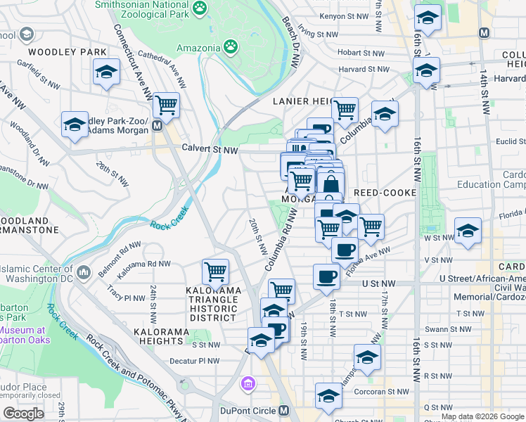 map of restaurants, bars, coffee shops, grocery stores, and more near 1910 Belmont Road Northwest in Washington