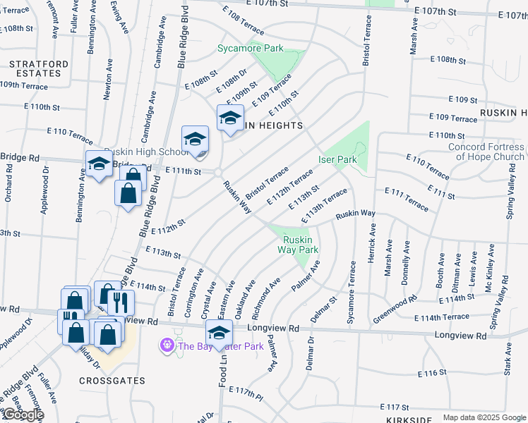 map of restaurants, bars, coffee shops, grocery stores, and more near 7503 East 112th Terrace in Kansas City