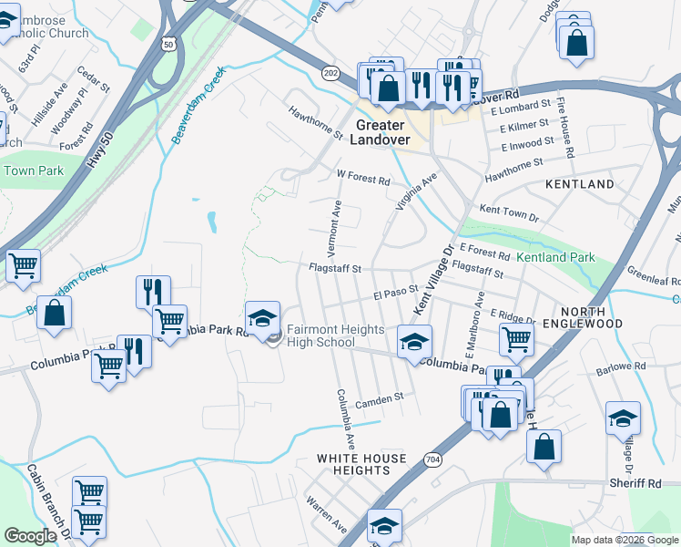 map of restaurants, bars, coffee shops, grocery stores, and more near 6701 Flagstaff Street in Greater Landover