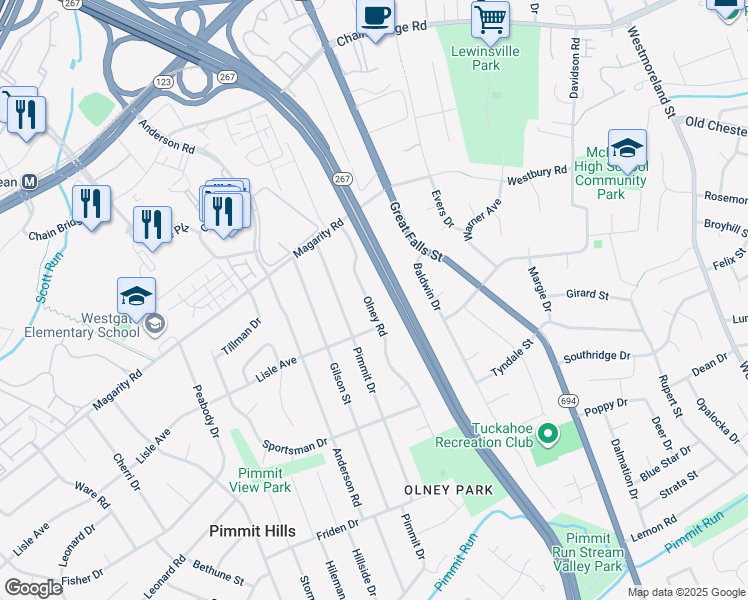map of restaurants, bars, coffee shops, grocery stores, and more near 1729 Olney Road in Falls Church