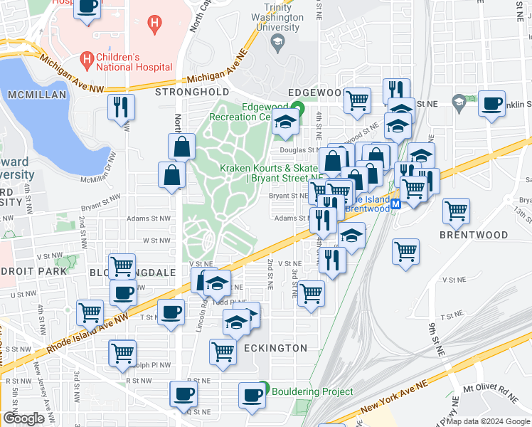map of restaurants, bars, coffee shops, grocery stores, and more near 2304 2nd Street Northeast in Washington