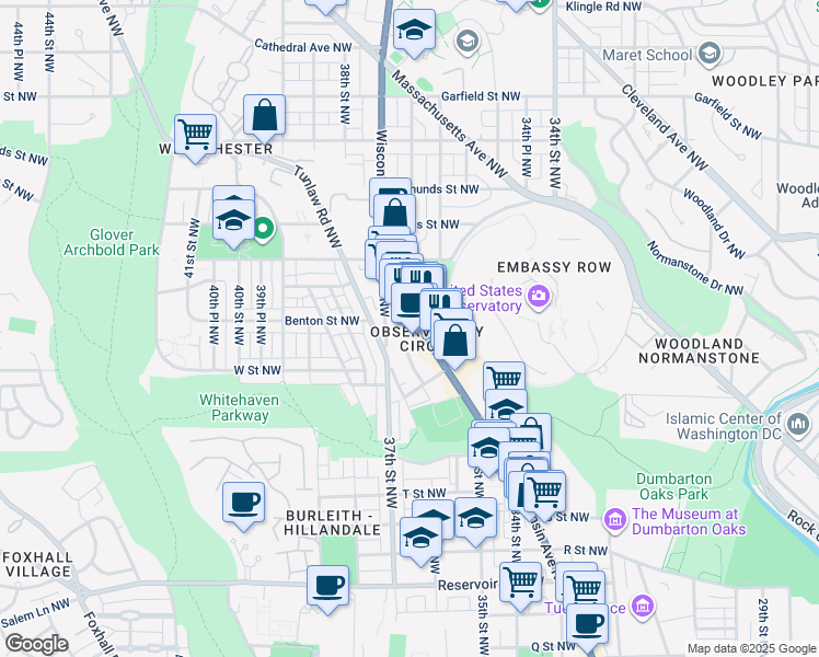map of restaurants, bars, coffee shops, grocery stores, and more near 2320 Wisconsin Avenue Northwest in Washington