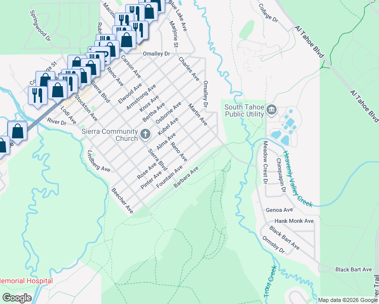 map of restaurants, bars, coffee shops, grocery stores, and more near 2608 Pinter Avenue in South Lake Tahoe