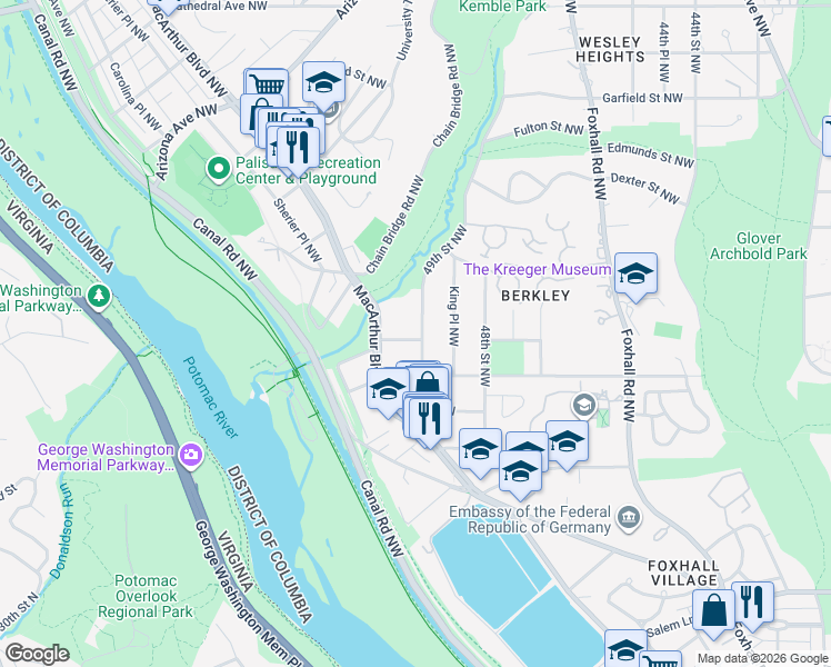 map of restaurants, bars, coffee shops, grocery stores, and more near 4901 Ashby Street Northwest in Washington