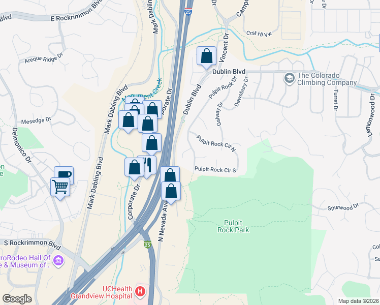 map of restaurants, bars, coffee shops, grocery stores, and more near 6160 Pulpit Rock Drive in Colorado Springs