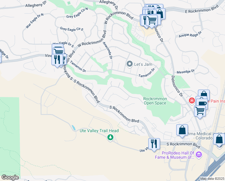 map of restaurants, bars, coffee shops, grocery stores, and more near 6110 Ursa Lane in Colorado Springs