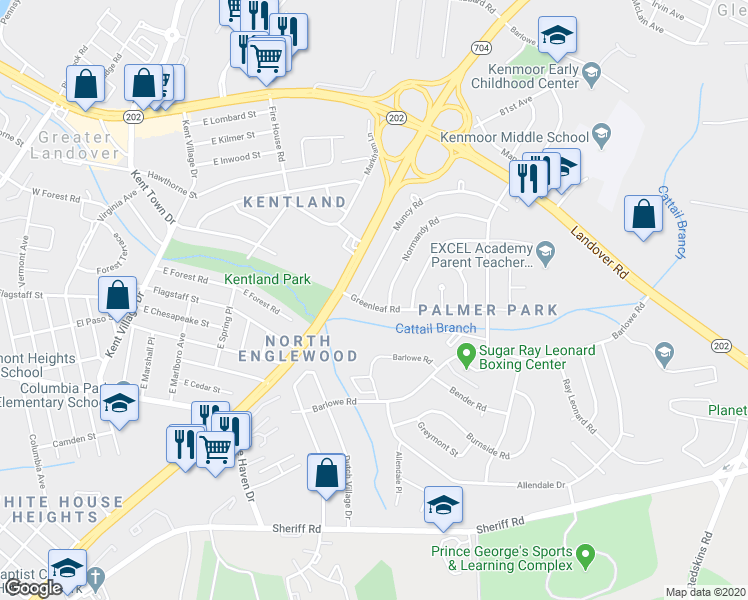 map of restaurants, bars, coffee shops, grocery stores, and more near 7516 Greenleaf Road in Greater Landover