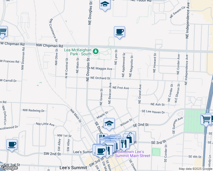 map of restaurants, bars, coffee shops, grocery stores, and more near 206 Northeast Forest Street in Lee's Summit