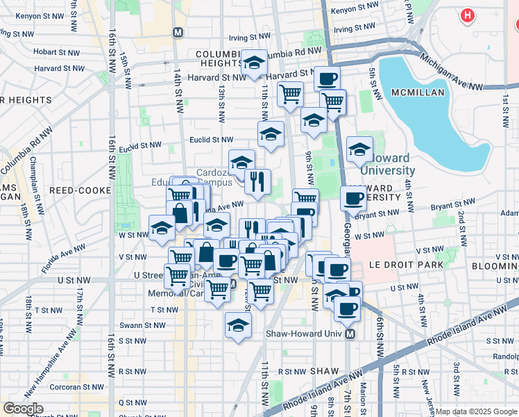 map of restaurants, bars, coffee shops, grocery stores, and more near 2250 11th Street Northwest in Washington