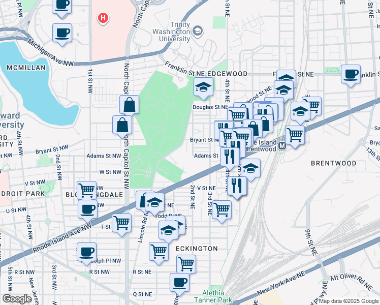 map of restaurants, bars, coffee shops, grocery stores, and more near 2304 2nd Street Northeast in Washington