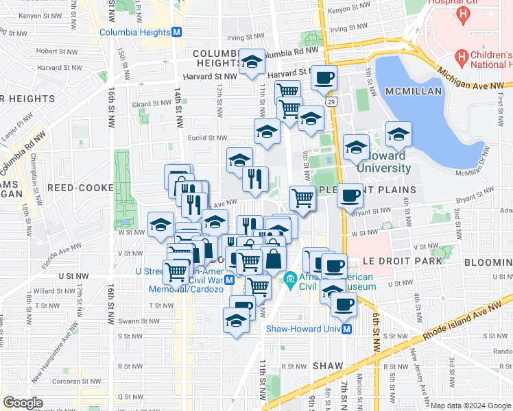 map of restaurants, bars, coffee shops, grocery stores, and more near 2250 11th Street Northwest in Washington