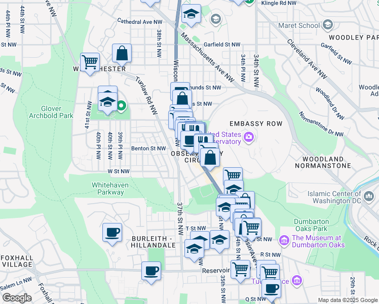 map of restaurants, bars, coffee shops, grocery stores, and more near 2320 Wisconsin Avenue Northwest in Washington