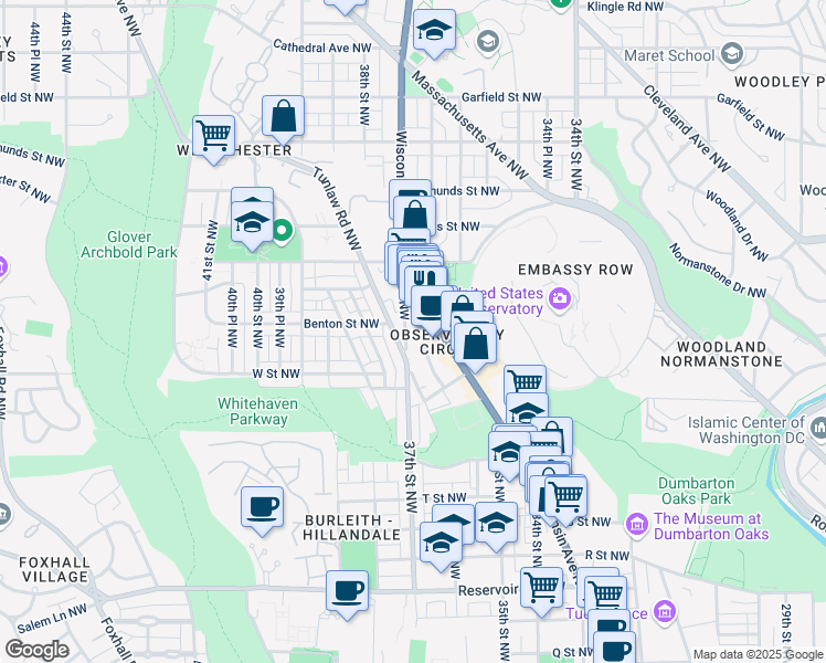 map of restaurants, bars, coffee shops, grocery stores, and more near 2317 37th Street Northwest in Washington