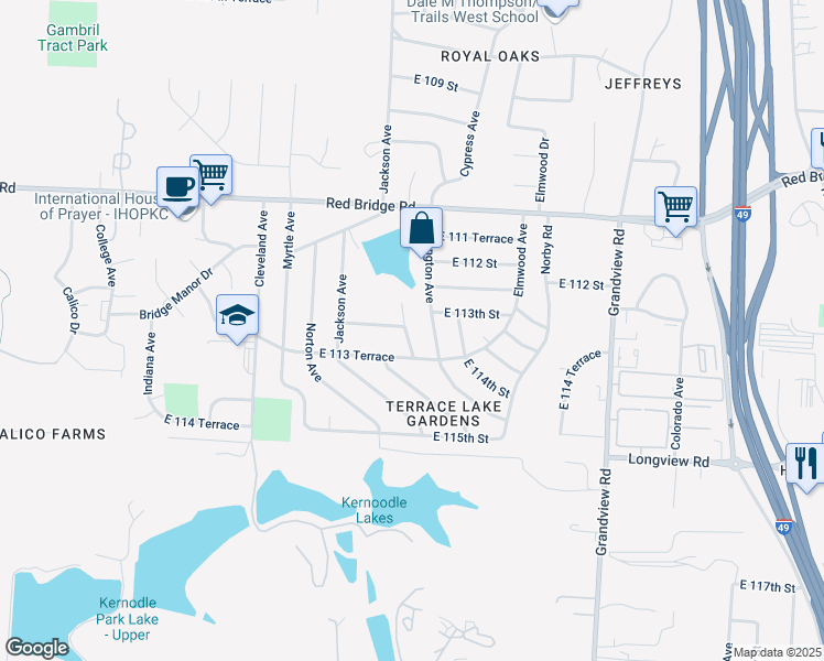 map of restaurants, bars, coffee shops, grocery stores, and more near 11301 Greenbrier Lane in Kansas City
