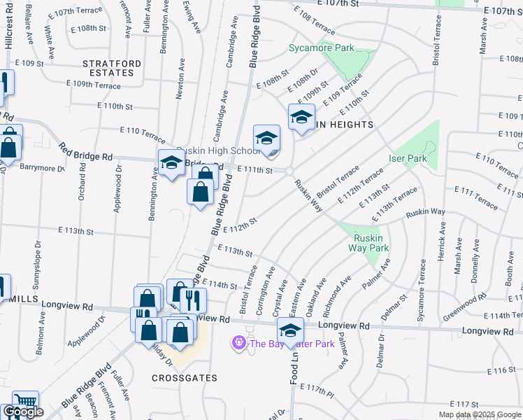 map of restaurants, bars, coffee shops, grocery stores, and more near 7110 East 112th Street in Kansas City