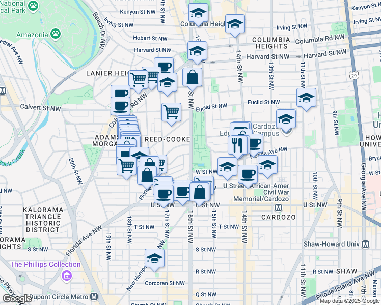 map of restaurants, bars, coffee shops, grocery stores, and more near 2317 16th Street Northwest in Washington