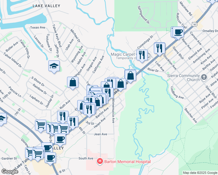 map of restaurants, bars, coffee shops, grocery stores, and more near 2301 James Avenue in South Lake Tahoe