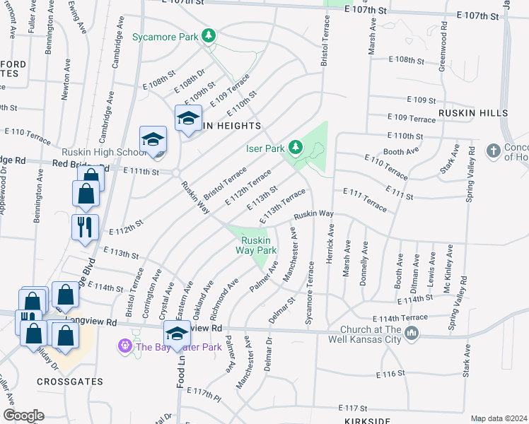 map of restaurants, bars, coffee shops, grocery stores, and more near 7808 East 113 Terrace in Kansas City