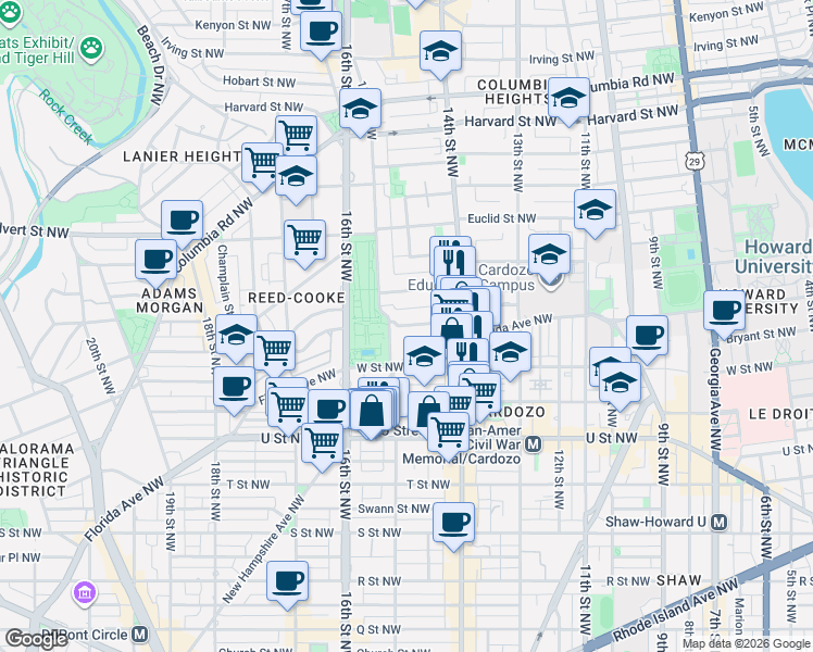 map of restaurants, bars, coffee shops, grocery stores, and more near Belmont Street Northwest in Washington