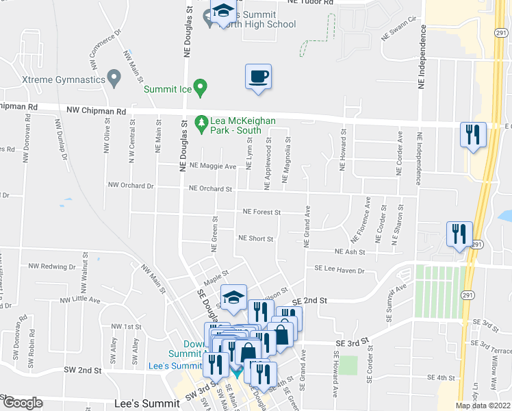 map of restaurants, bars, coffee shops, grocery stores, and more near 308 NE Forest Ave in Lee's Summit