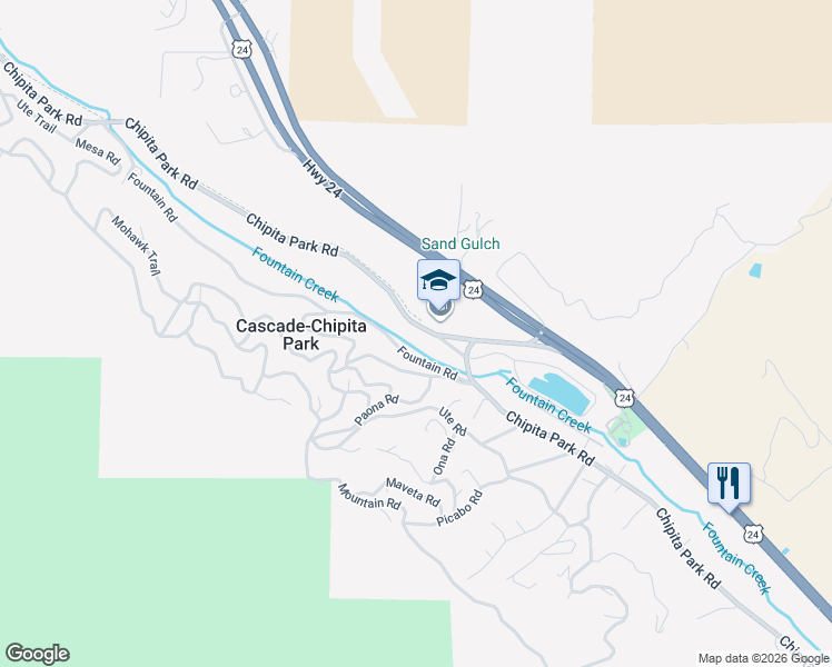 map of restaurants, bars, coffee shops, grocery stores, and more near 9297 Chipita Park Road in Cascade-Chipita Park