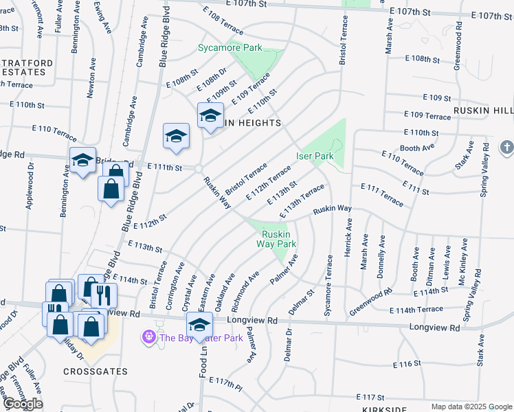 map of restaurants, bars, coffee shops, grocery stores, and more near 7606 East 113th Street in Kansas City