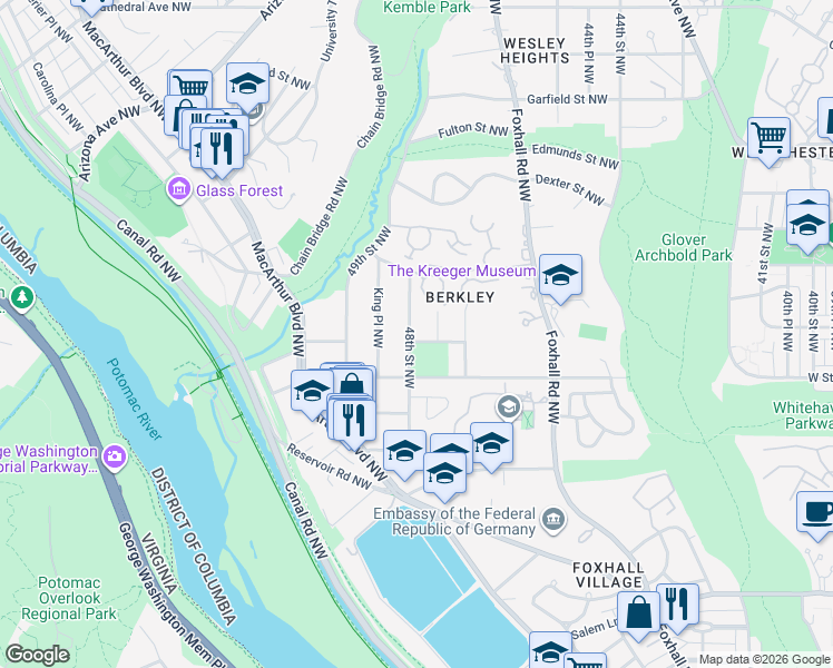 map of restaurants, bars, coffee shops, grocery stores, and more near 2231 48th Street Northwest in Washington