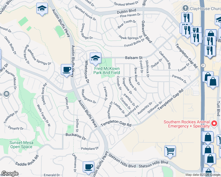 map of restaurants, bars, coffee shops, grocery stores, and more near 6150 Whirlwind Drive in Colorado Springs