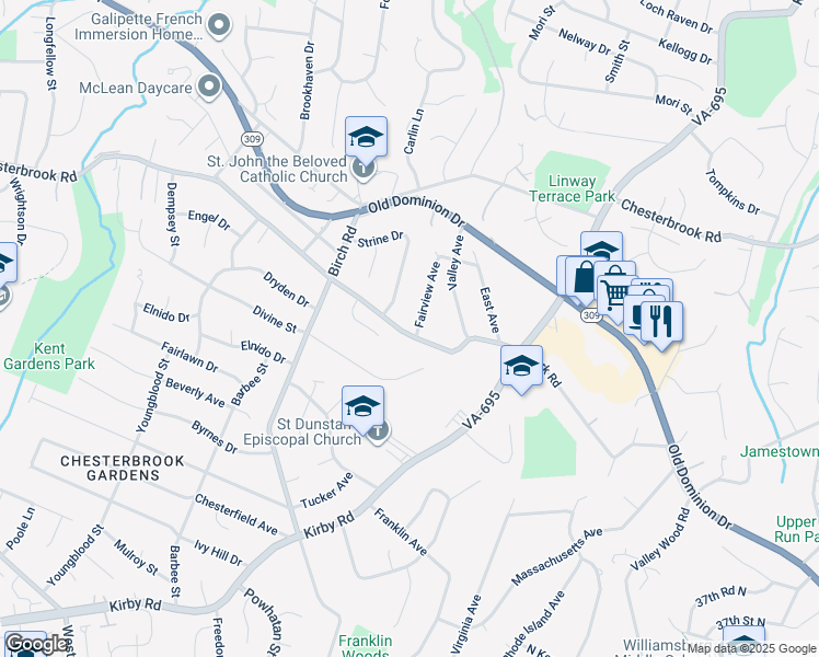 map of restaurants, bars, coffee shops, grocery stores, and more near 1742 Fairview Avenue in McLean