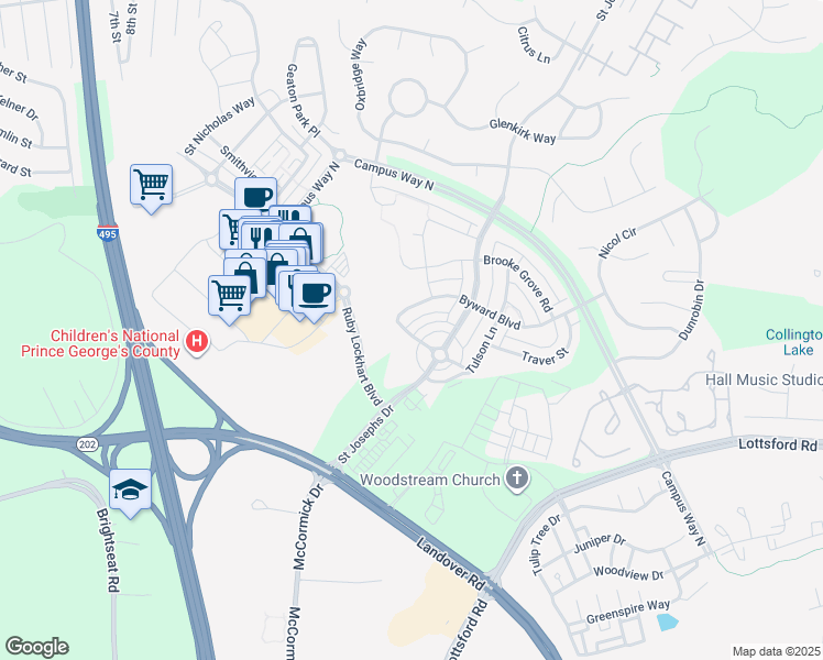 map of restaurants, bars, coffee shops, grocery stores, and more near 2100 Garden Grove Lane in Bowie