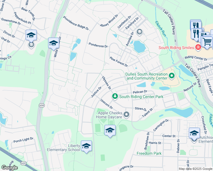 map of restaurants, bars, coffee shops, grocery stores, and more near 25186 Justice Drive in Chantilly